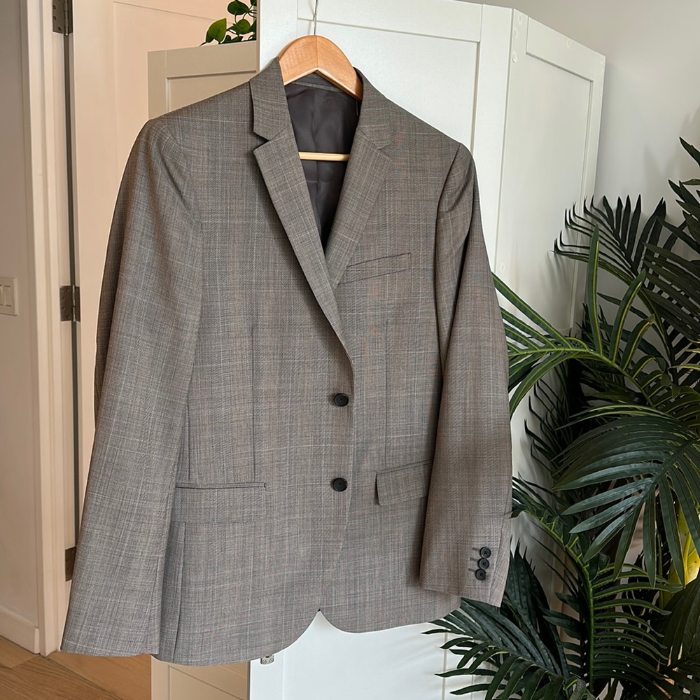 Theory Men’s Gray Blazer (light check with blue windowpanes)